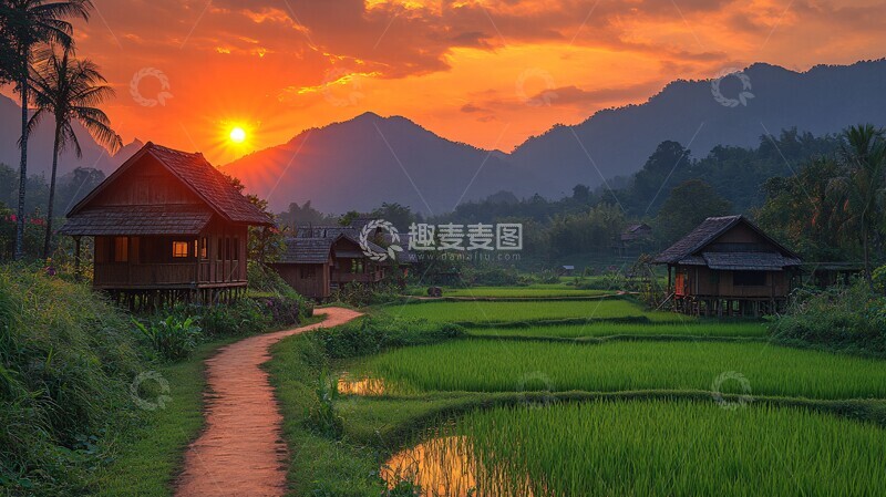 高清大图下载【趣麦麦图】稻田暮色稻田暮色村庄1