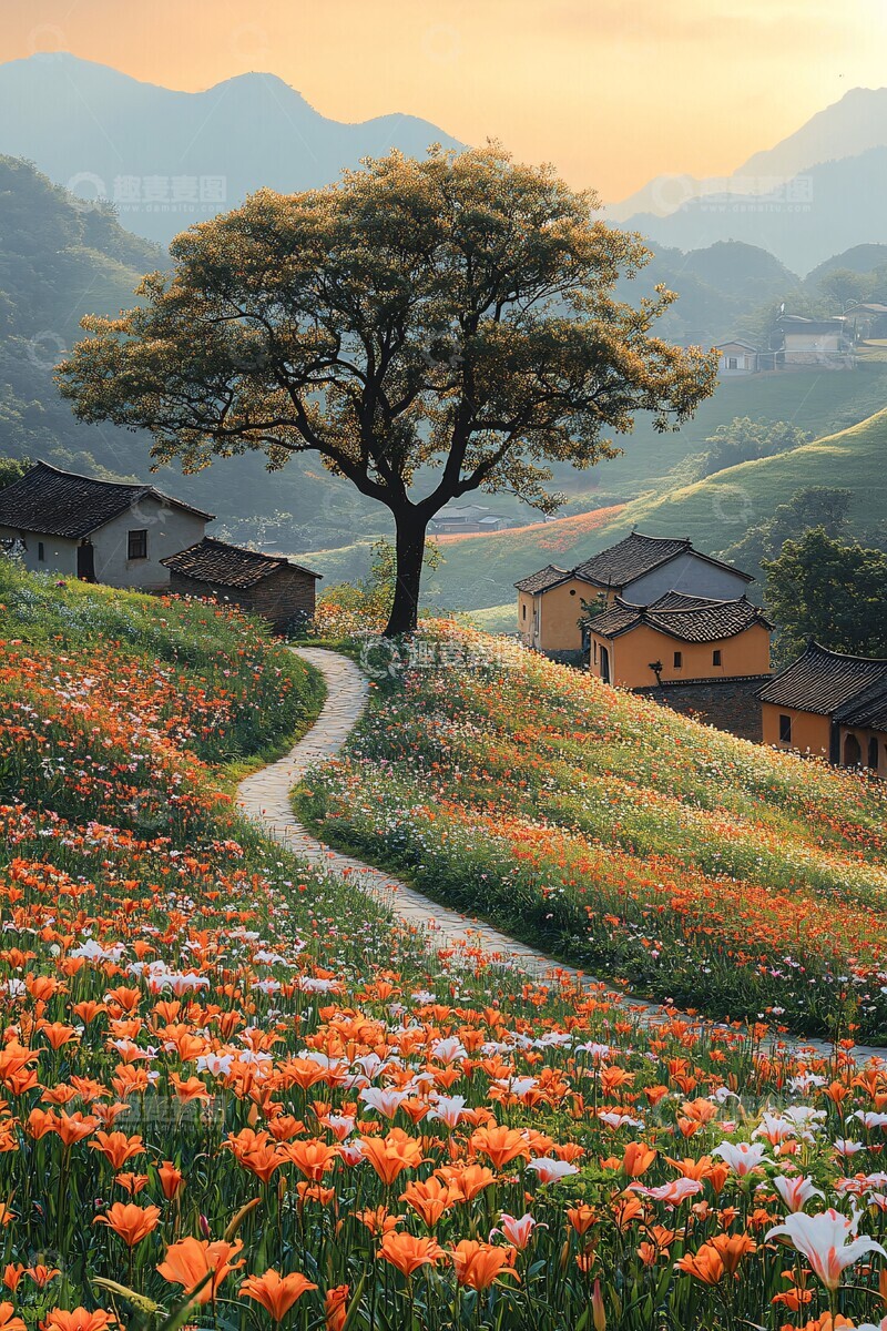 高清大图下载【趣麦麦图】古樟树下小径人家2