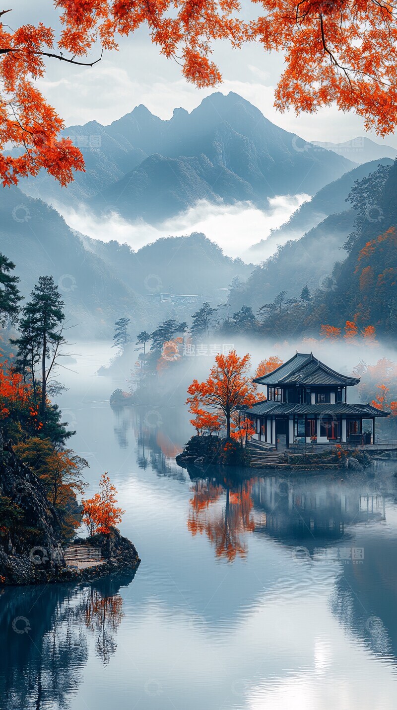 高清大图下载【趣麦麦图】远山晨雾河如镜2