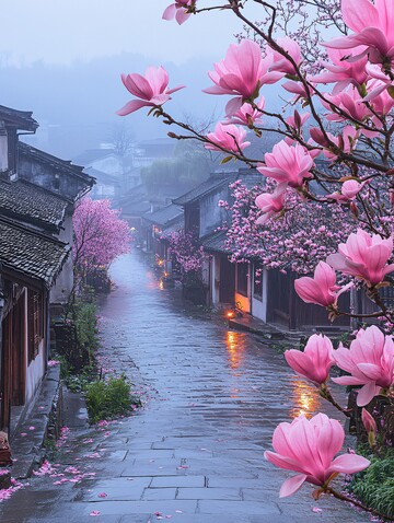 傍晚古街石路花树1