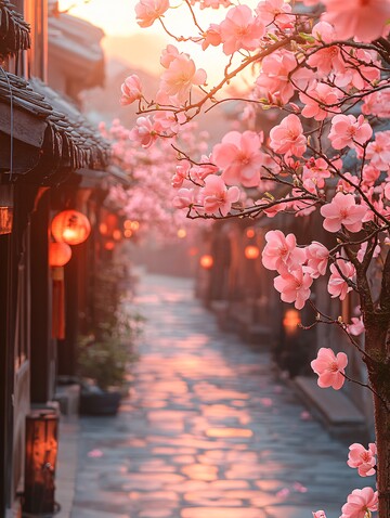 傍晚古街石路花树2