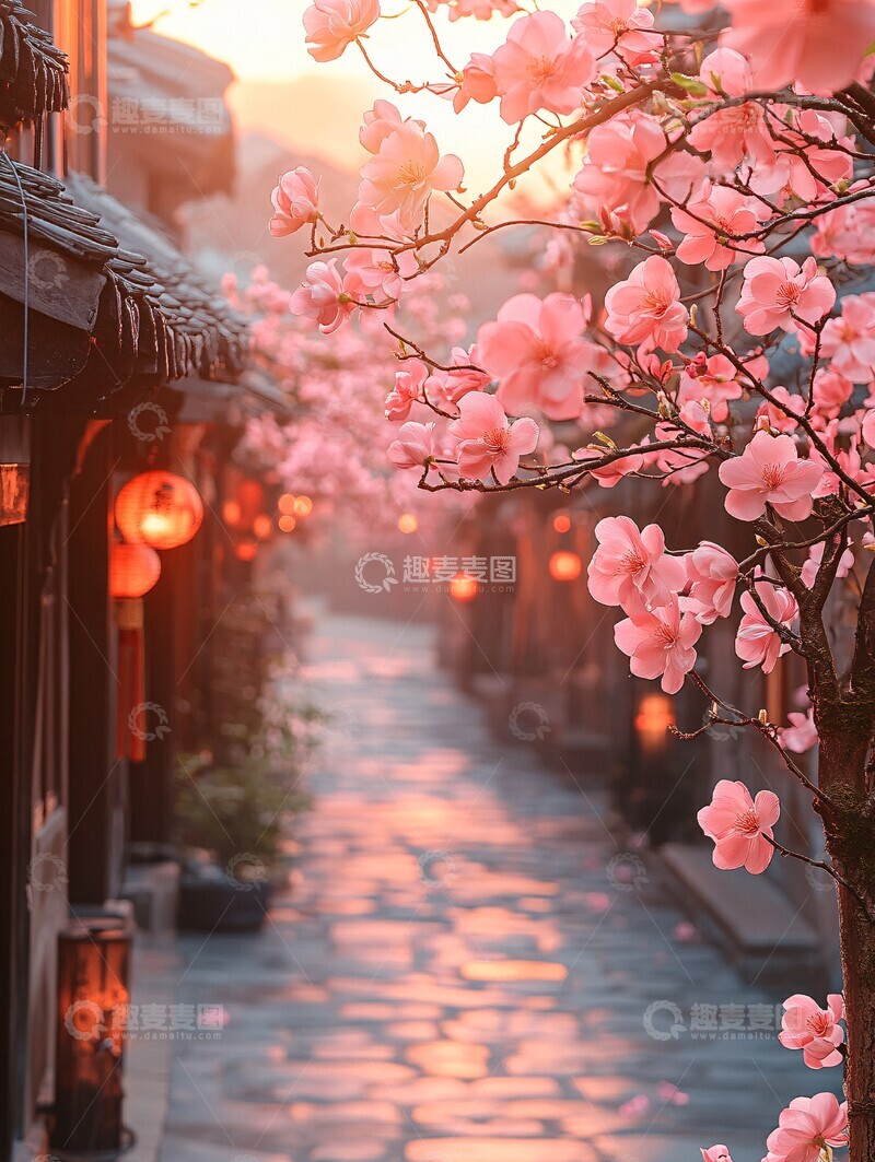 高清大图下载【趣麦麦图】傍晚古街石路花树2