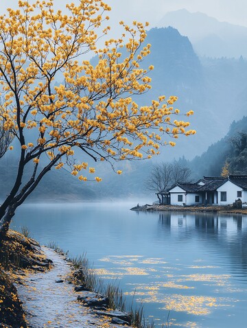 湖畔黄花树与远山2