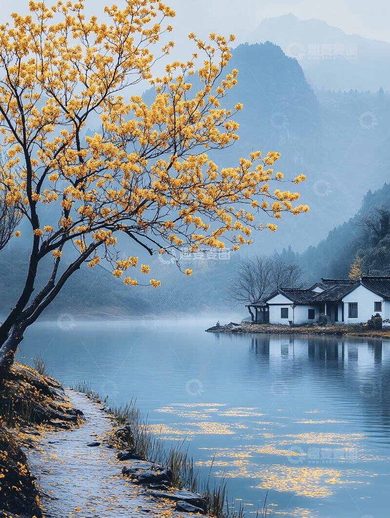 高清大图下载【趣麦麦图】湖畔黄花树与远山2