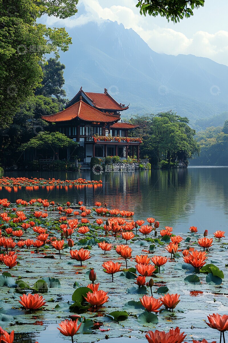 高清大图下载【趣麦麦图】湖畔花影映青山2