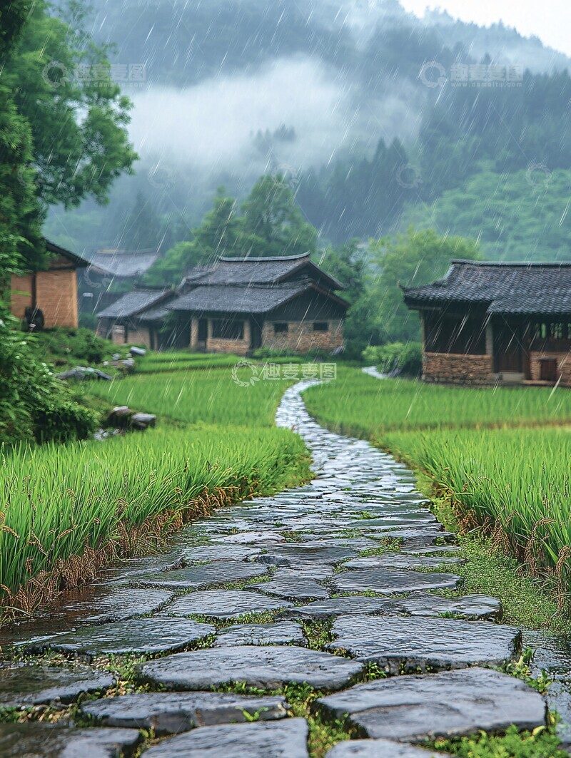 高清大图下载【趣麦麦图】雨中古村石径3
