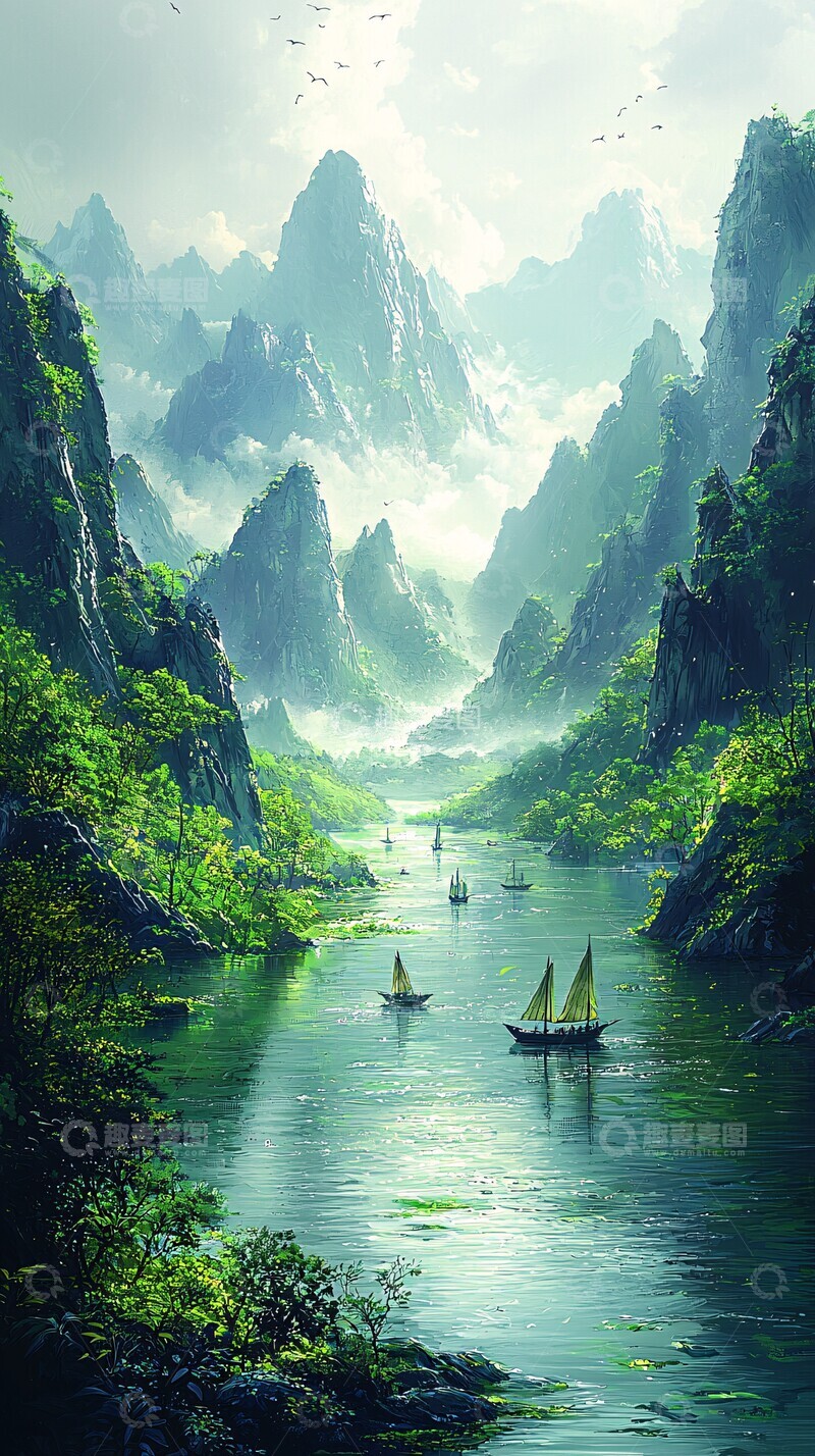 高清大图下载【趣麦麦图】江水青山帆影2