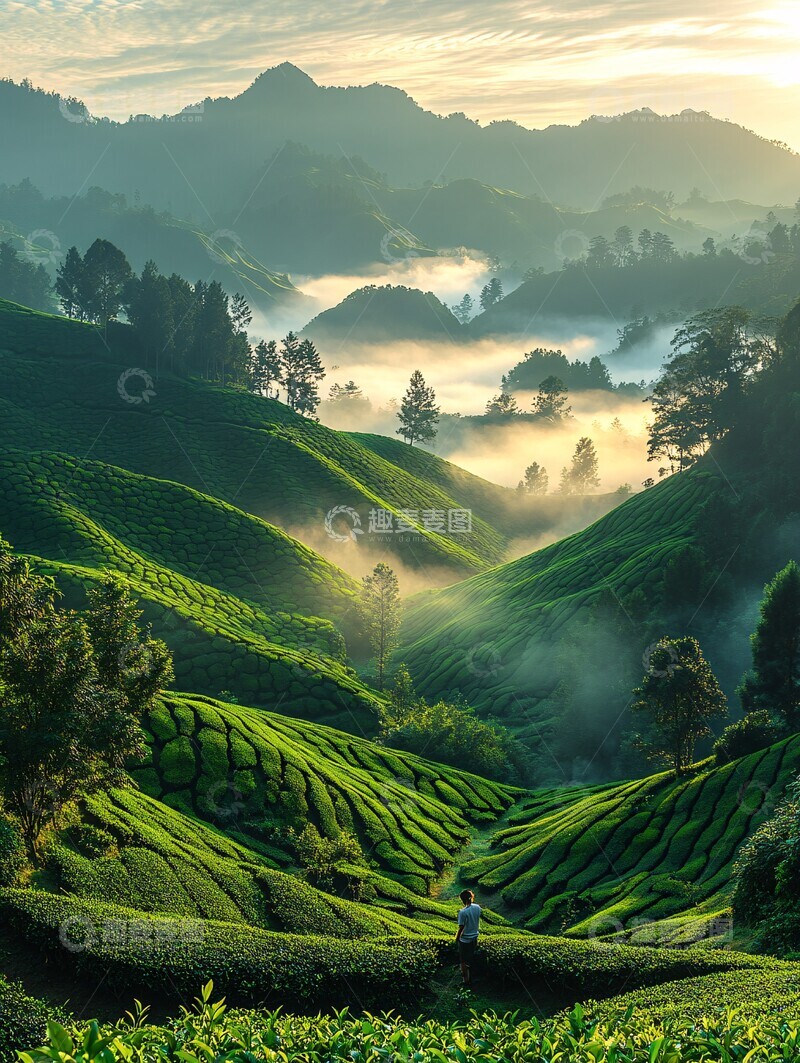 高清大图下载【趣麦麦图】茶园晨雾采茶人3