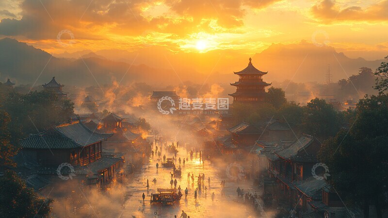 高清大图下载【趣麦麦图】山脚村庄夕照烟3