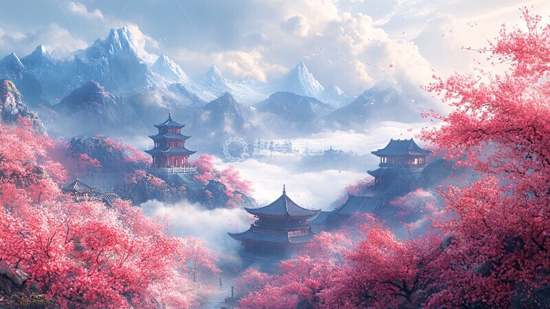 高清大图下载【趣麦麦图】梅花古建云烟图3