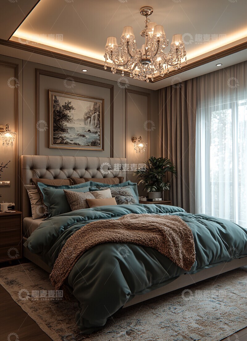 高清大图下载【趣麦麦图】灰色卧室绿色床3