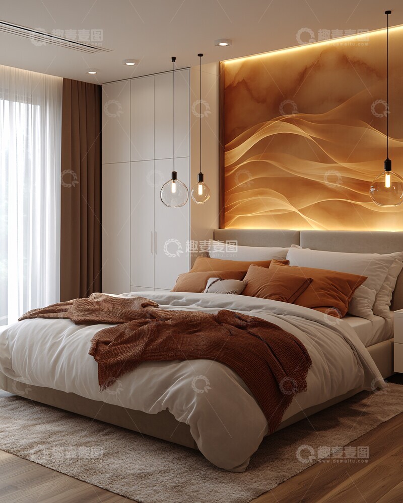 高清大图下载【趣麦麦图】-软绒床与几何壁画3