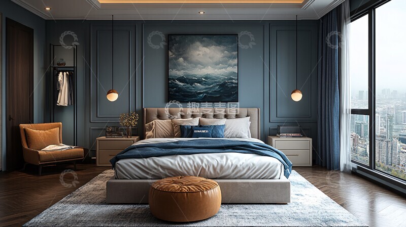 高清大图下载【趣麦麦图】蓝灰色调卧室设计3