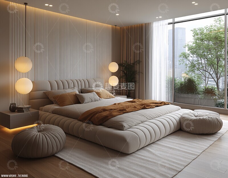 高清大图下载【趣麦麦图】灰色床头柜窗帘2