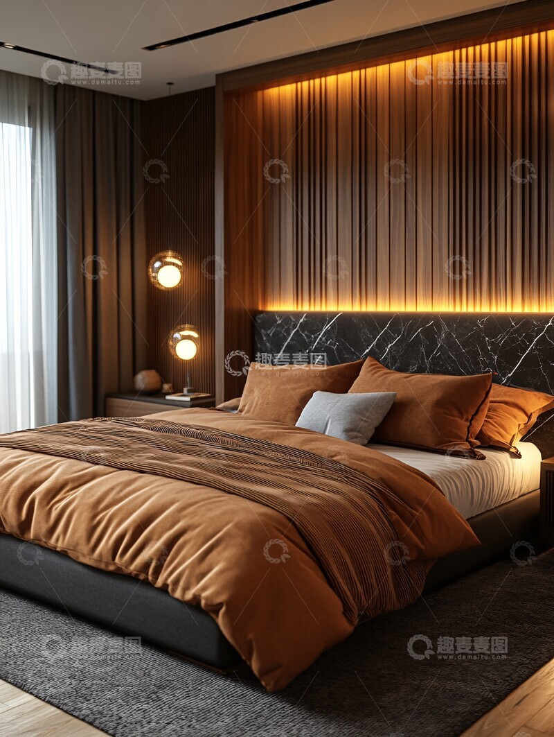 高清大图下载【趣麦麦图】黑色大理石墙面卧室2