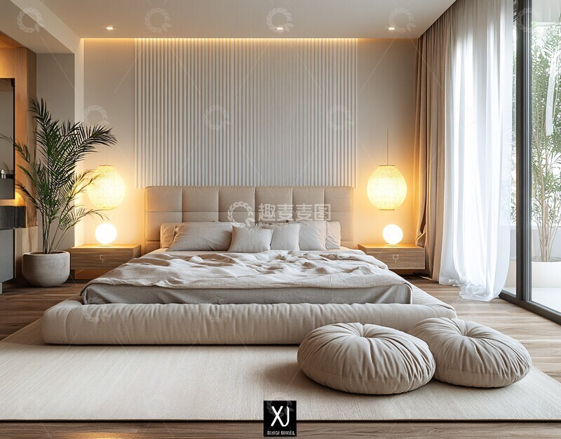 高清大图下载【趣麦麦图】灰色床头柜窗帘1