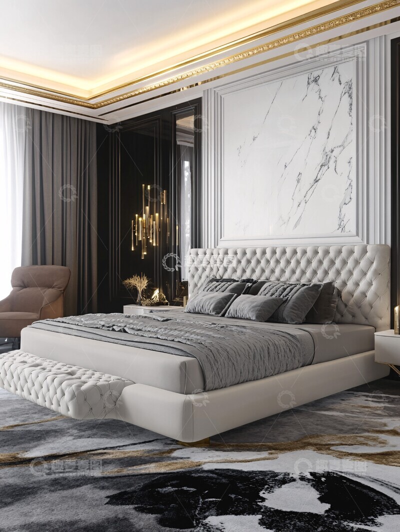 高清大图下载【趣麦麦图】床与墙板金灯饰3