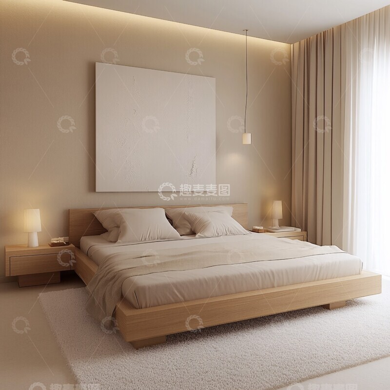 高清大图下载【趣麦麦图】木床与白色地毯卧室2