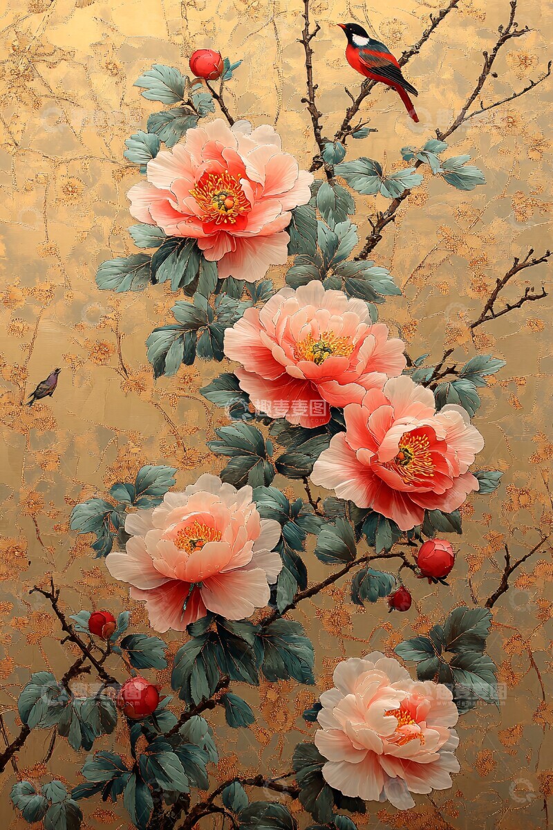 高清大图下载【趣麦麦图】牡丹绣鸟丝绸图1