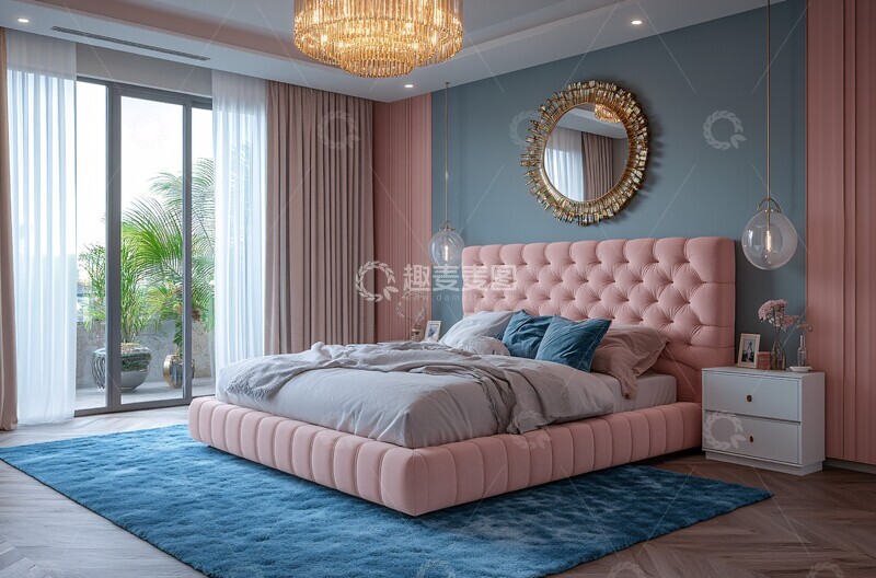 高清大图下载【趣麦麦图】粉色床蓝色地毯3