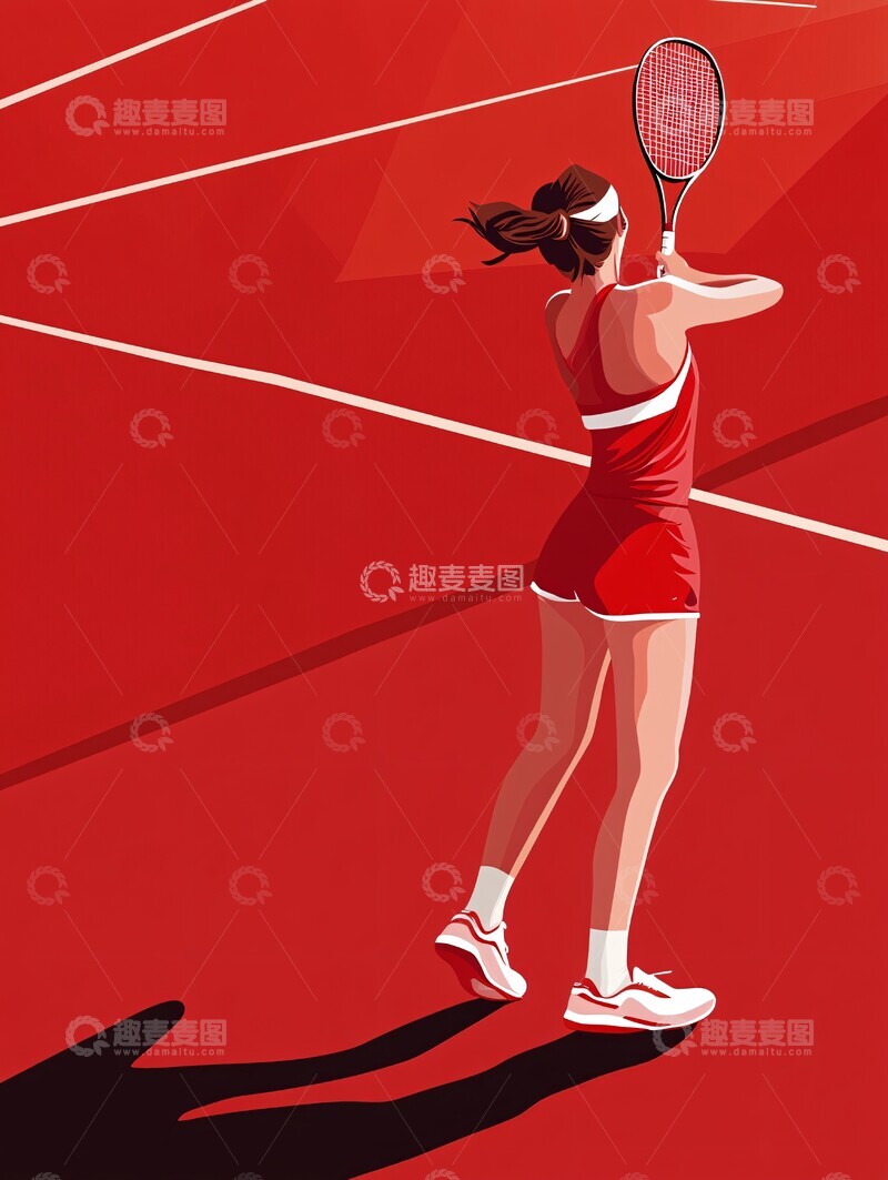 红衣女子网球场2