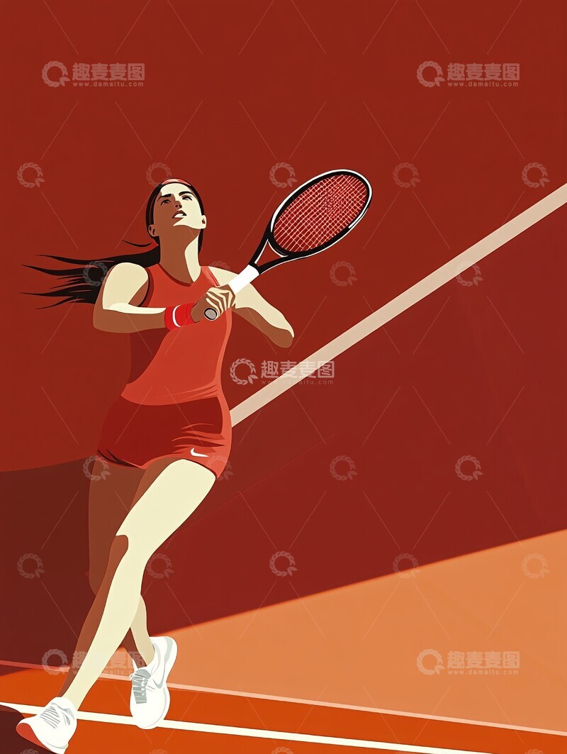 高清大图下载【趣麦麦图】红衣女子网球场3