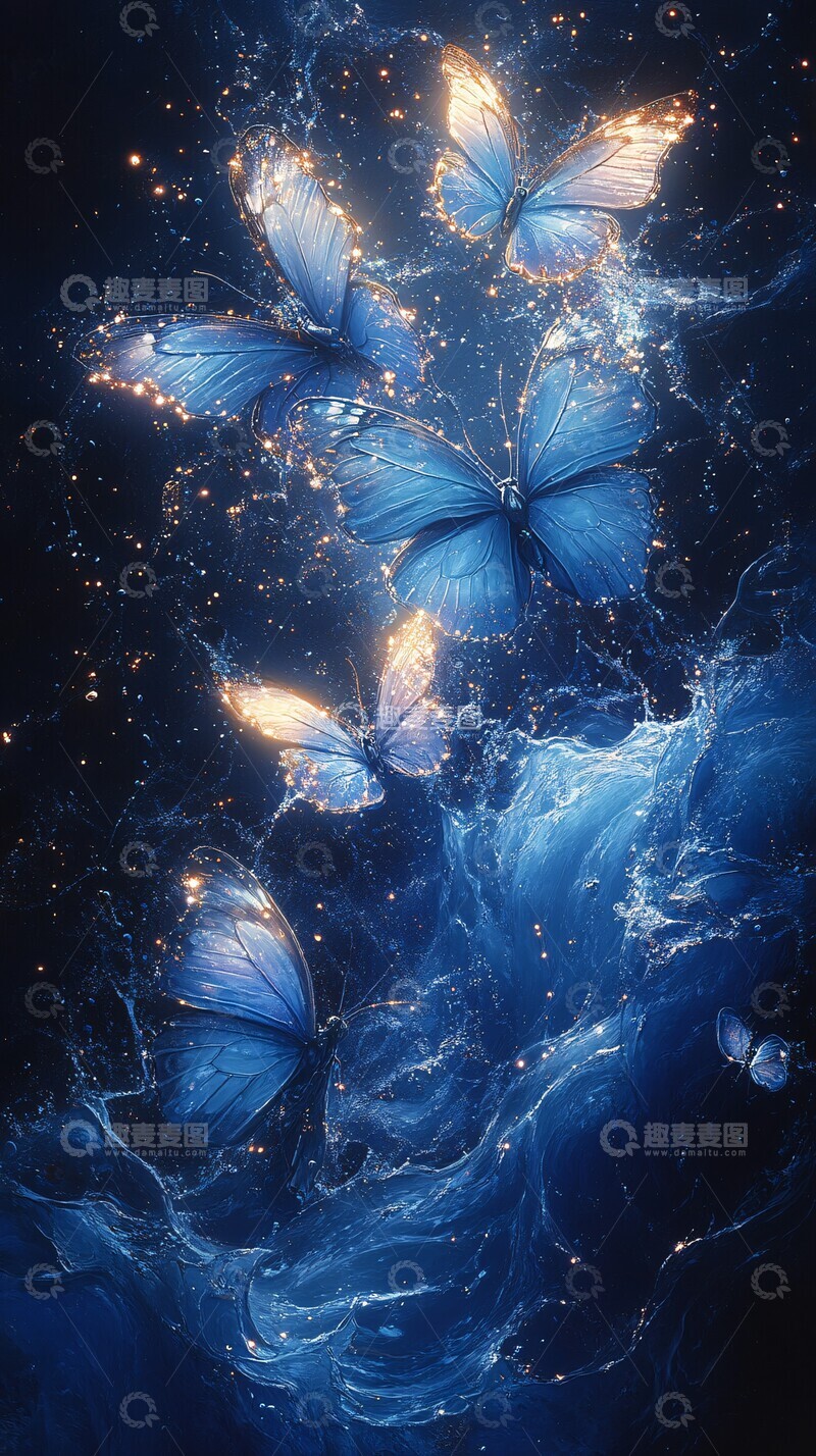 高清大图下载【趣麦麦图】蓝色波浪与蝴蝶