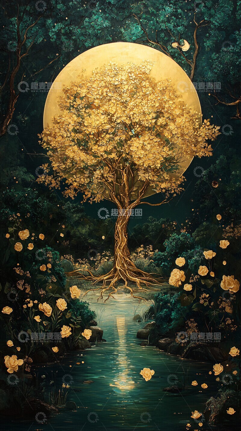 高清大图下载【趣麦麦图】金色树水流花卉2