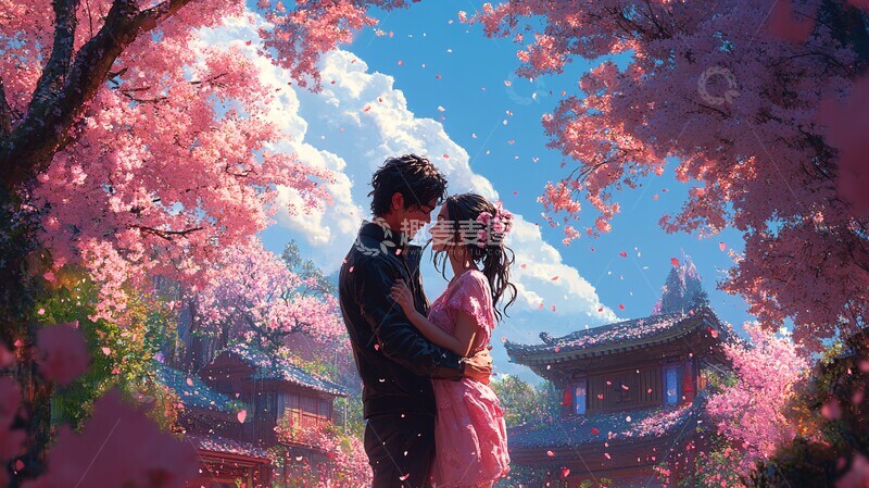 高清大图下载【趣麦麦图】樱花树下的拥抱1