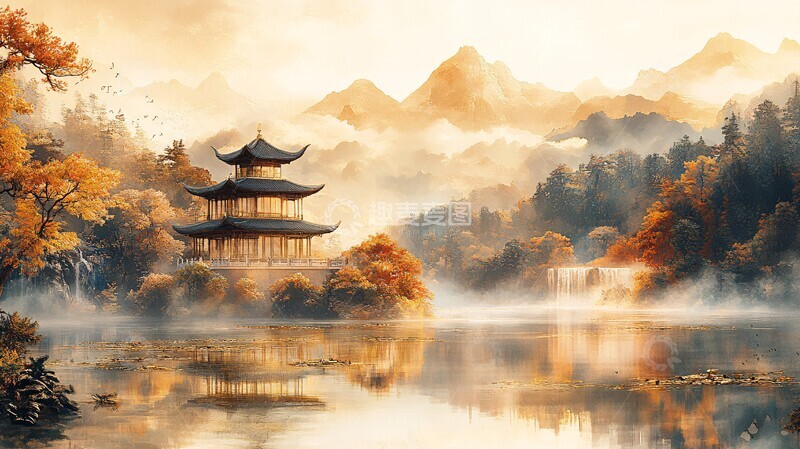 高清大图下载【趣麦麦图】金色山水绣绿松石镀金流水2