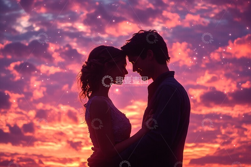 高清大图下载【趣麦麦图】夕阳下的恋人相拥1
