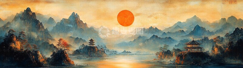 高清大图下载【趣麦麦图】山水亭塔月夜图