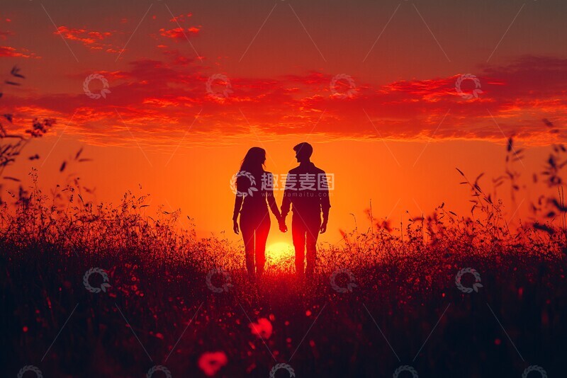 高清大图下载【趣麦麦图】牵手夕阳下牵手夕阳天空