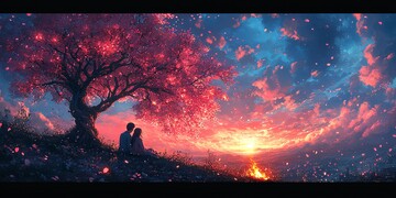 树下情侣背影火堆