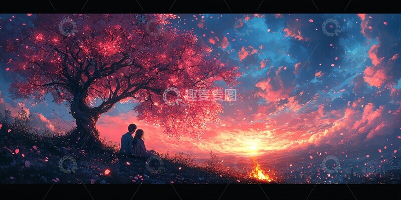 高清大图下载【趣麦麦图】树下情侣背影火堆