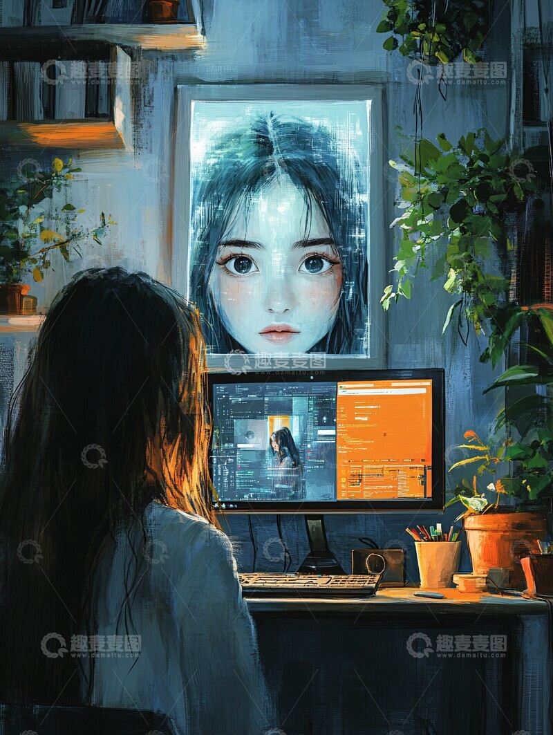 高清大图下载【趣麦麦图】女孩与屏幕对话2