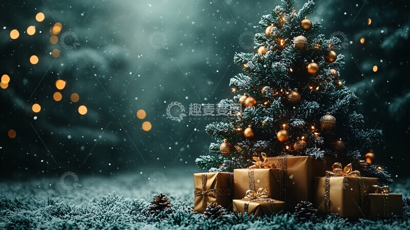 高清大图下载【趣麦麦图】圣诞树礼物绿色背景