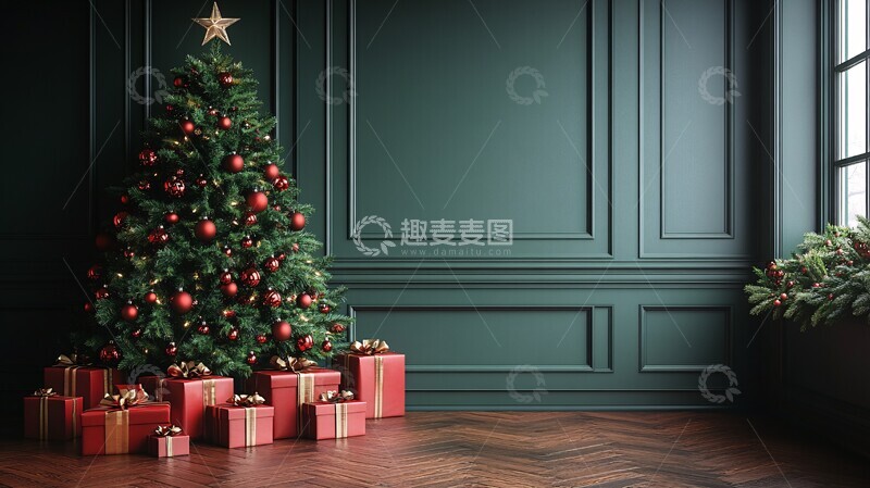 高清大图下载【趣麦麦图】圣诞树礼物绿色背景1
