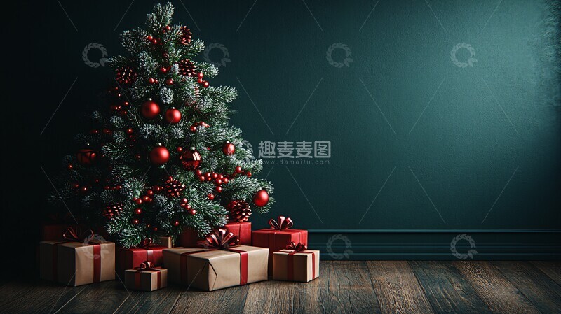 高清大图下载【趣麦麦图】圣诞树礼物绿色背景2