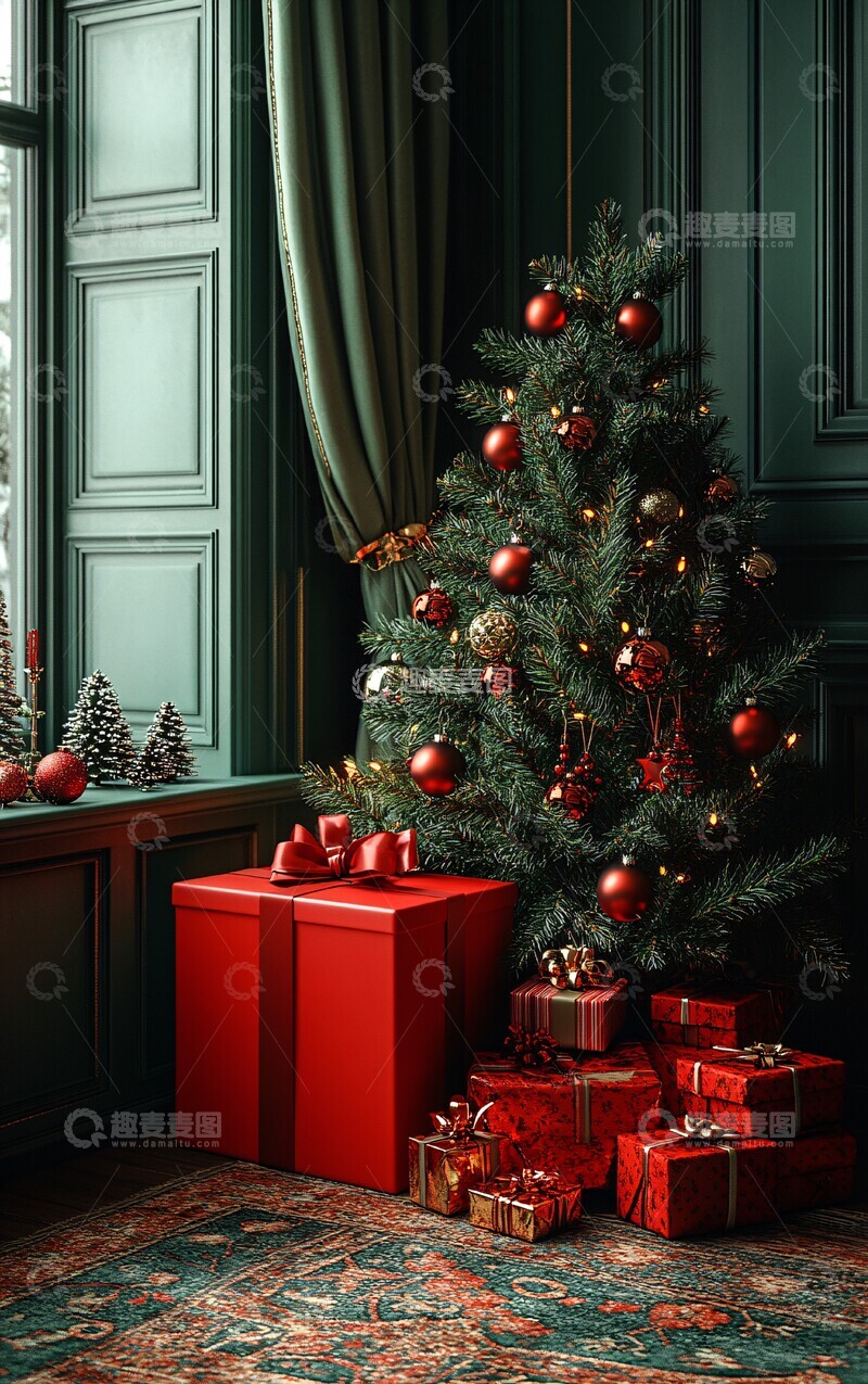 高清大图下载【趣麦麦图】-红盒与圣诞装饰