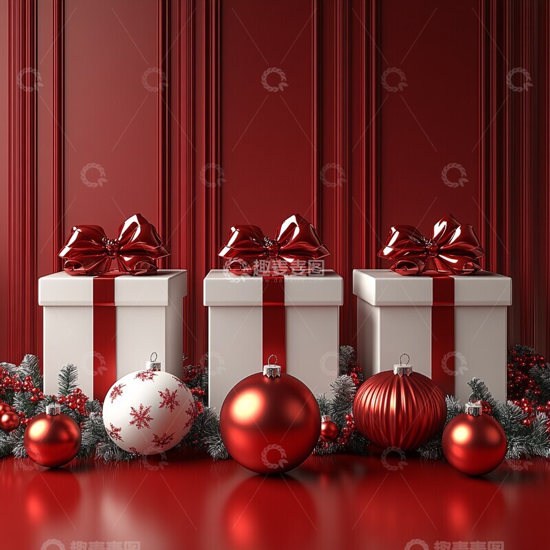 高清大图下载【趣麦麦图】红背景圣诞礼物场景1