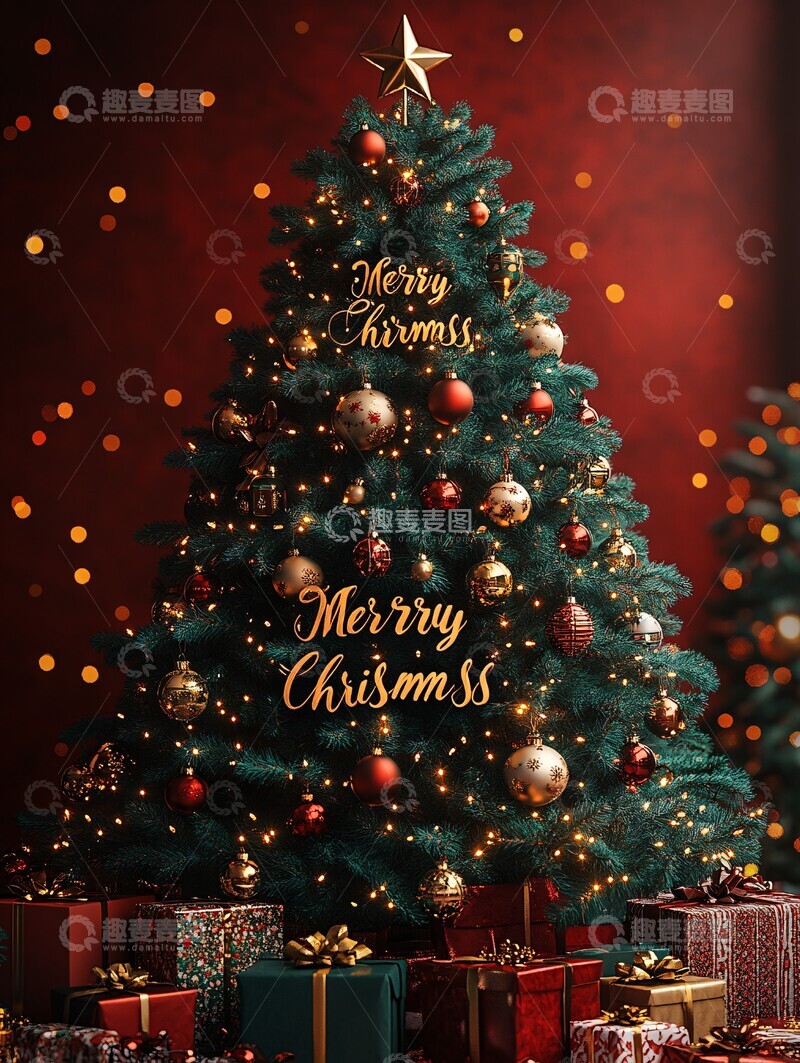 高清大图下载【趣麦麦图】圣诞树礼物与灯饰1