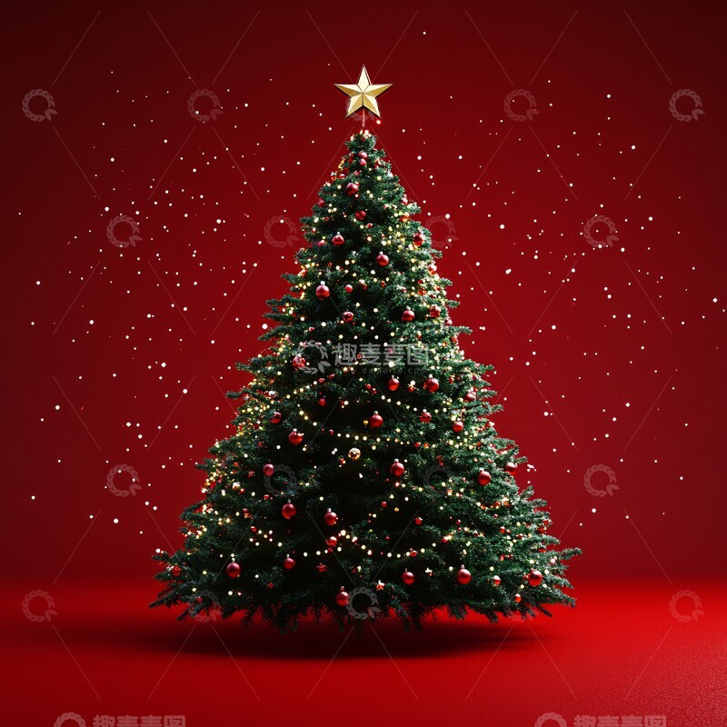 高清大图下载【趣麦麦图】圣诞树红背景1
