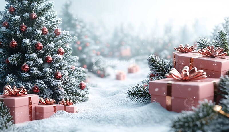 高清大图下载【趣麦麦图】圣诞树与礼物雪景1
