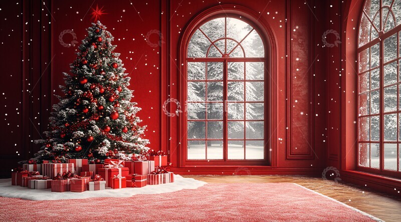 高清大图下载【趣麦麦图】红墙圣诞树背景