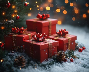 白色桌子红色礼盒圣诞树