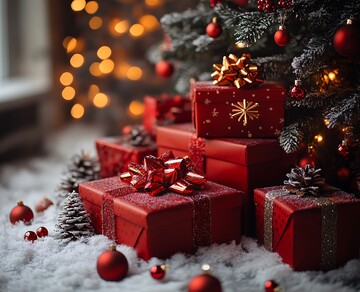 白色桌子红色礼盒圣诞树1