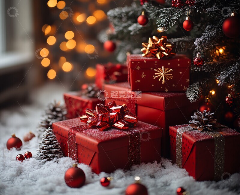 高清大图下载【趣麦麦图】白色桌子红色礼盒圣诞树1