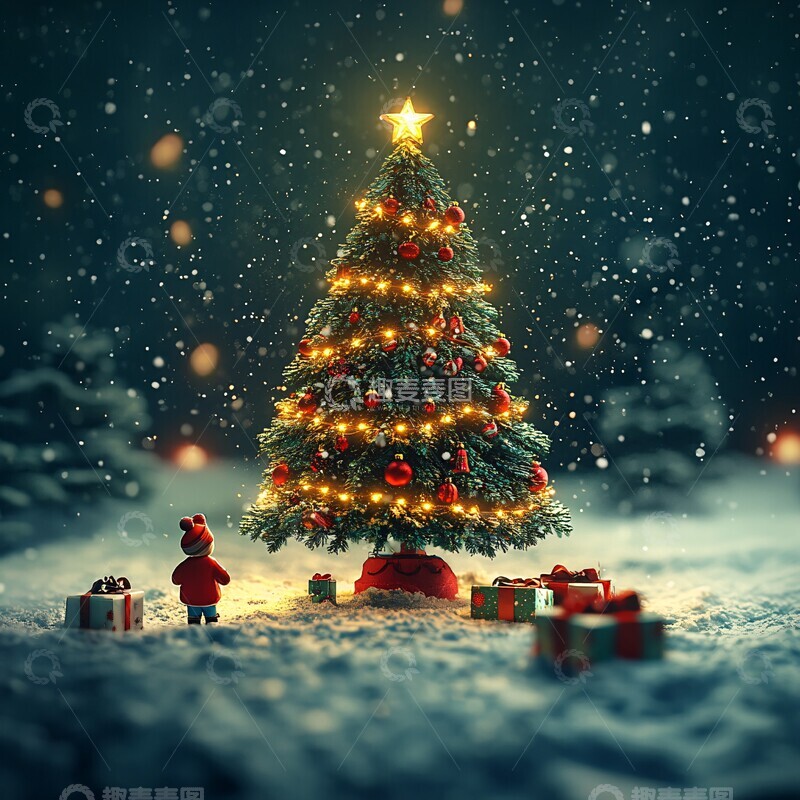 高清大图下载【趣麦麦图】雪地里的圣诞树玩具