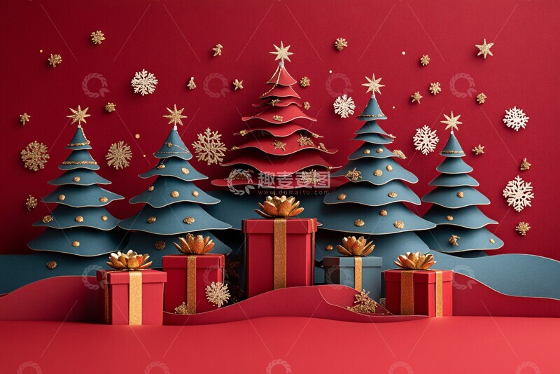 高清大图下载【趣麦麦图】圣诞树礼盒金粉红1